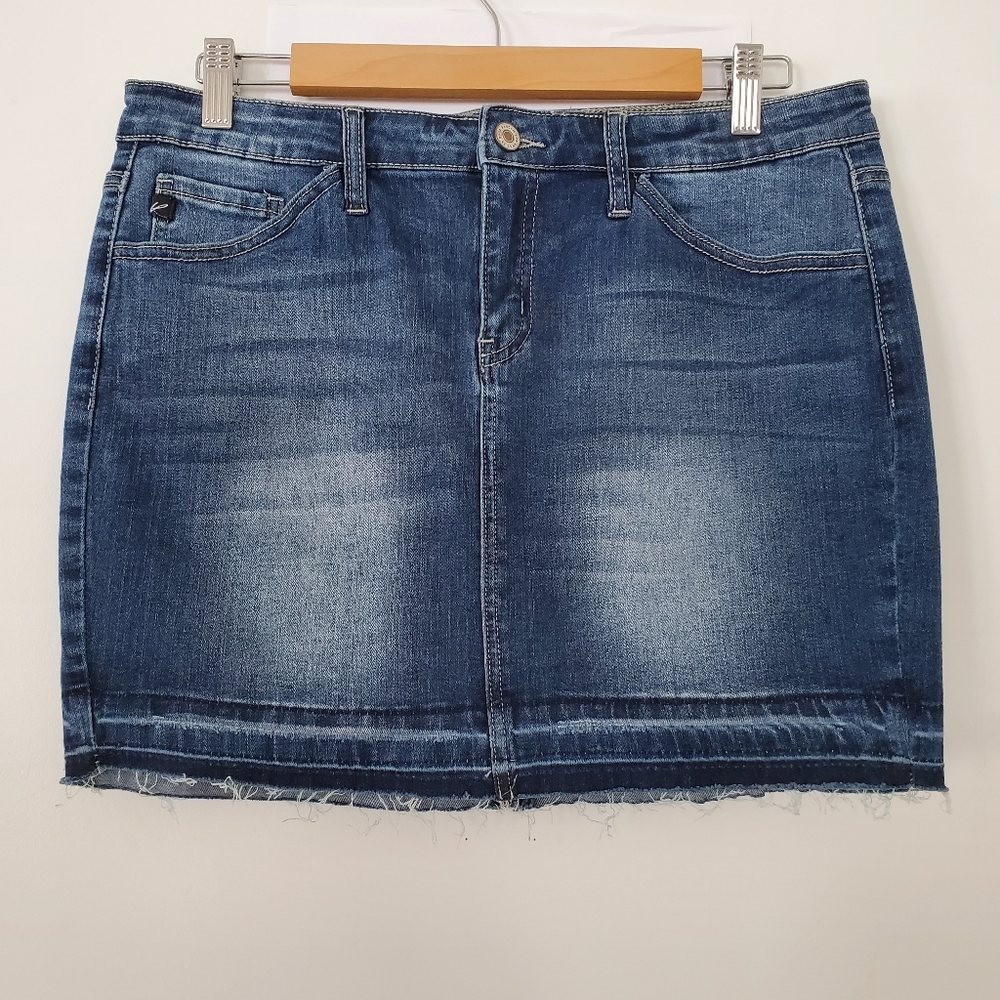 KANCAN Sz 11/29 Blue Stretch Denim Mini Skirt Released Raw Hem 5 Pocket Boho